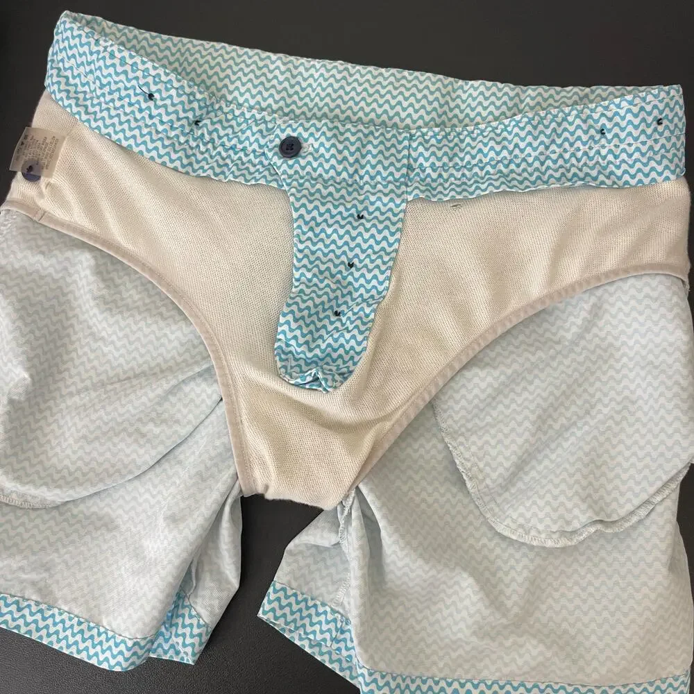 Frescobol‎ Carioca Mens Swim Trunks Blue Wavy Print Shorts Size 32